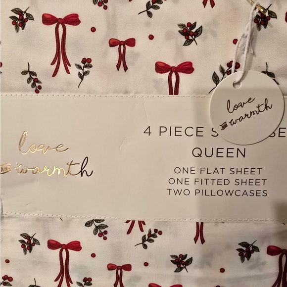 🎄Love & Warmth Christmas Queen Sheet Set with Red Bows - Picture 3 of 4